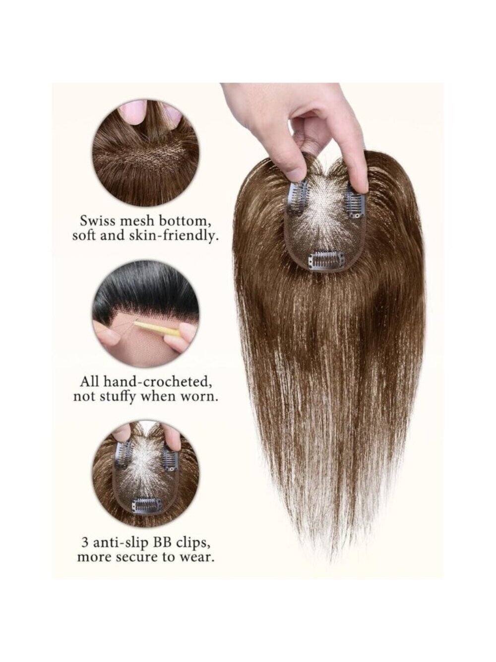 Women Brown Real Human Hair Topper 10 Inch Clip In Bangs Medium Silk BASE - Picture 5 of 7